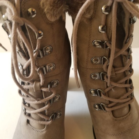G by Guess Taupe Lace Up Faux Fur Heeled Boots w/ Zipper  size 9 - Picture 5 of 10